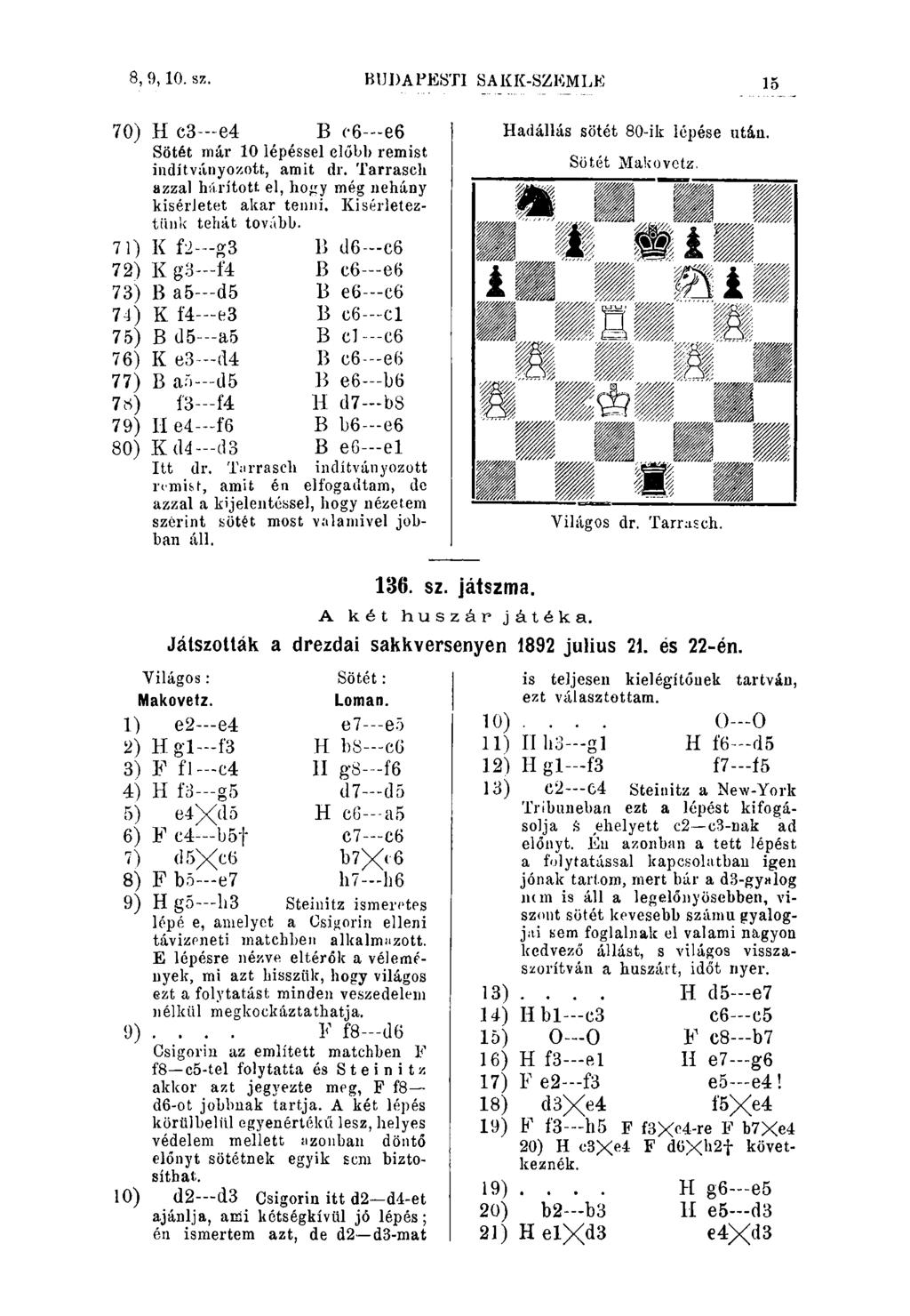 8, 9,10. sz. BUDAPESTI 8AKK-SZEMLK 70) H c3---e4 B c6 e6 Sötét már 10 lépéssel előbb remist indítviínyozott, amit dr. Tarrasch azzal hárított el, hogy még nehány kisérletet akar tenni.