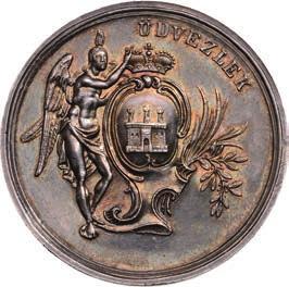 offener Krone Wappen von Temeswar, das Wappenschild gehalten von zwei Pferden, darum in zwei Zeilen/ SZ K TEMESVÁR VÁROSA Á M ORVOSOK S TERMÉSZETBUVÁROK AZ 1843 ÉVI AUG. 8.