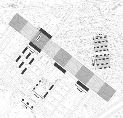 Príklad použitia jednotného modulu aj na úrovni urbanistického plánu Zdroj: podkladová mapa www.katasterportal.sk; schéma Partizánske, baťovská funkcionalistická architektúra.