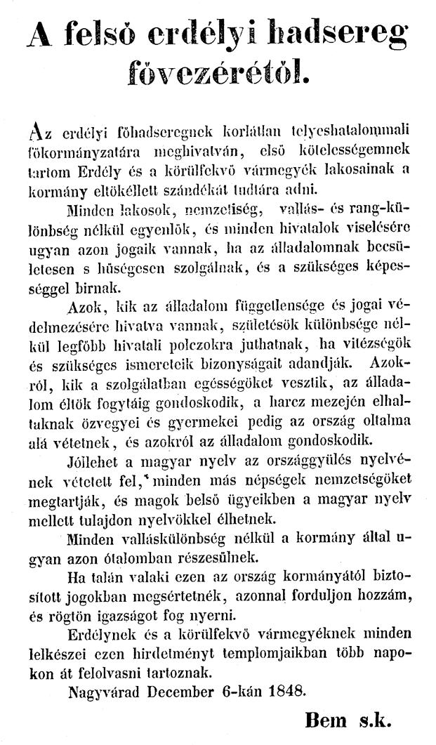 68 1. ábra BEM nagyváradi kiáltványának magyar szövege (a kéthasábos