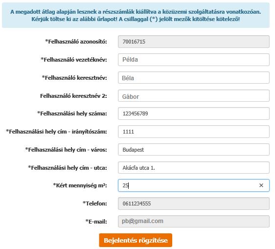 2.1.1.12. Átlagfogyasztás módosítási kérelme Minden *-gal jelölt mező kitöltése kötelező. Kitöltést és elküldést követően visszajelzés érkezik a felületen, valamint e-mail címére. 2.1.1.13.