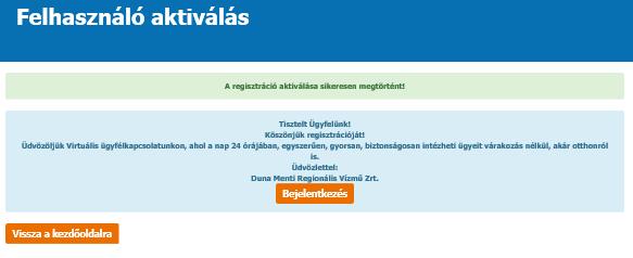 Sikeres regisztráció után a