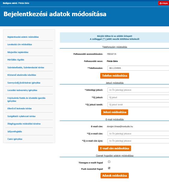 2.1.1.1 Bejelentkezési adatok módosítása Ezen funkcióban négy adat kerülhet módosításra: a telefonszám, a jelszó, az e-mail cím, valamint a push és tömeges e-mail fogadása.