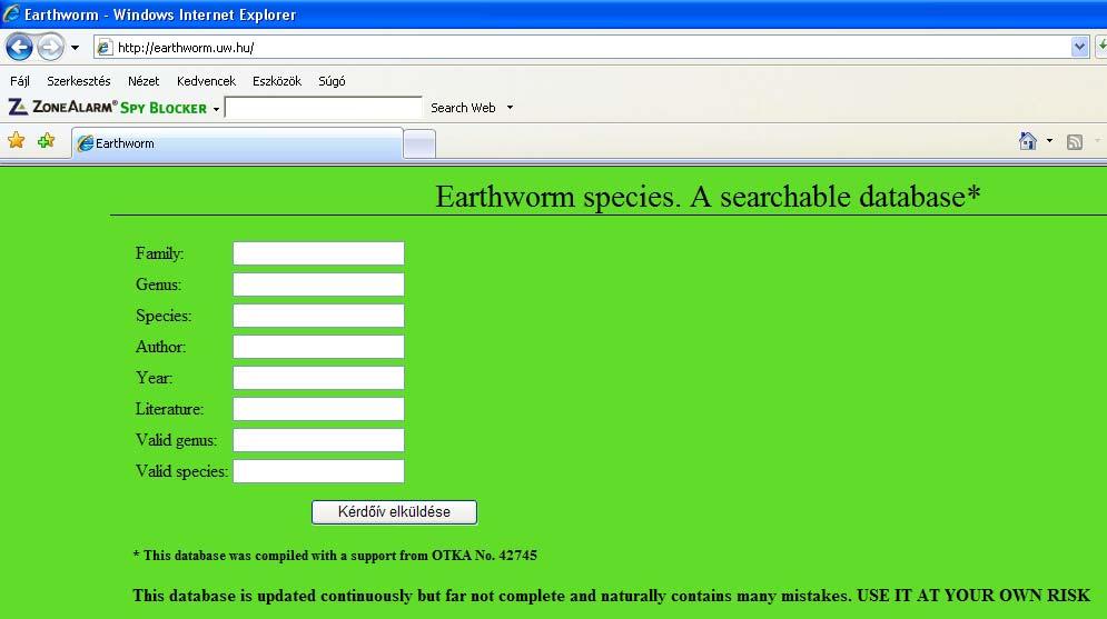 A Lumbricidae család revíziója OTKA 42745 zárójelentés 2 Eredmények a.) taxon adatbázis A tématervben foglaltaknak megfelelően megtörtént a Lumbricidae család nomenklaturai adatbázisának kiépítése.