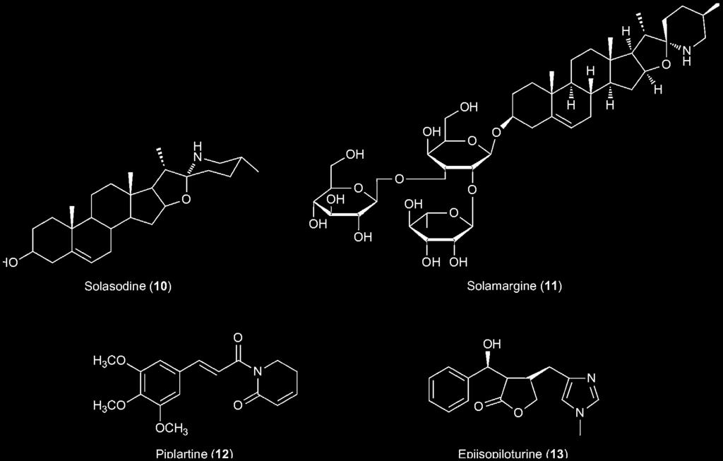 cells [90]. Similar to alkaloids, some alkamides from Piper spp. are reported to exert in vitro schistosomicidal activity. Piplartine (compound 12, Fig. 8-4), an amide found in several Piper spp.