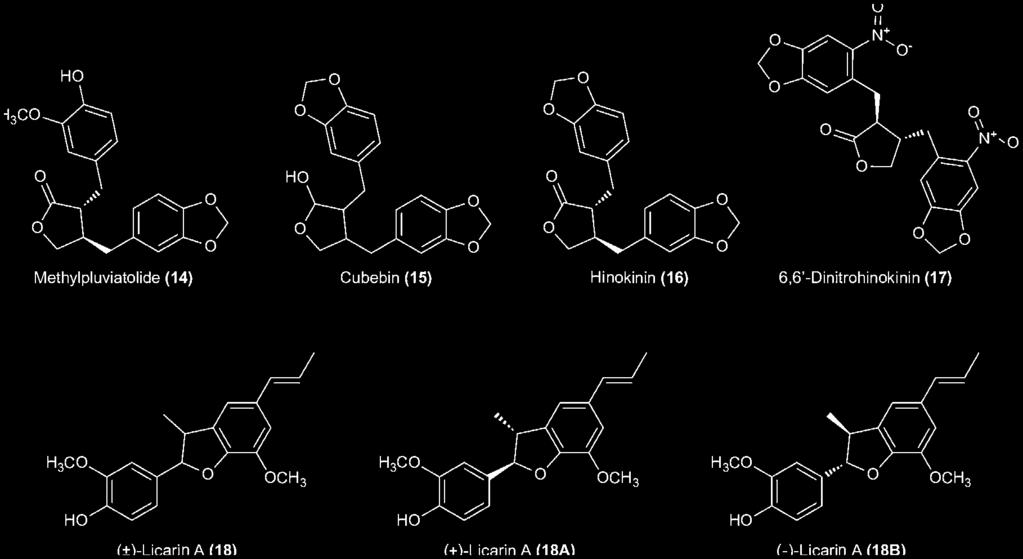 8-5), as well as their semisynthetic lignan derivatives hinokinin (compound 16, Fig. 8-5) and 6,6 0 -dinitrohinokinin (compound 17, Fig.