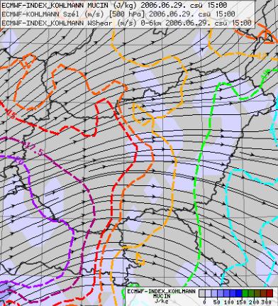 06.29, 15 UTC - ECMWF analízis: ekvivalens potenciális hőmérséklet és relatív topográfia (500/1000 hpa) (bal), hőmérséklet, szél geopotenciál (500 hpa) (jobb).