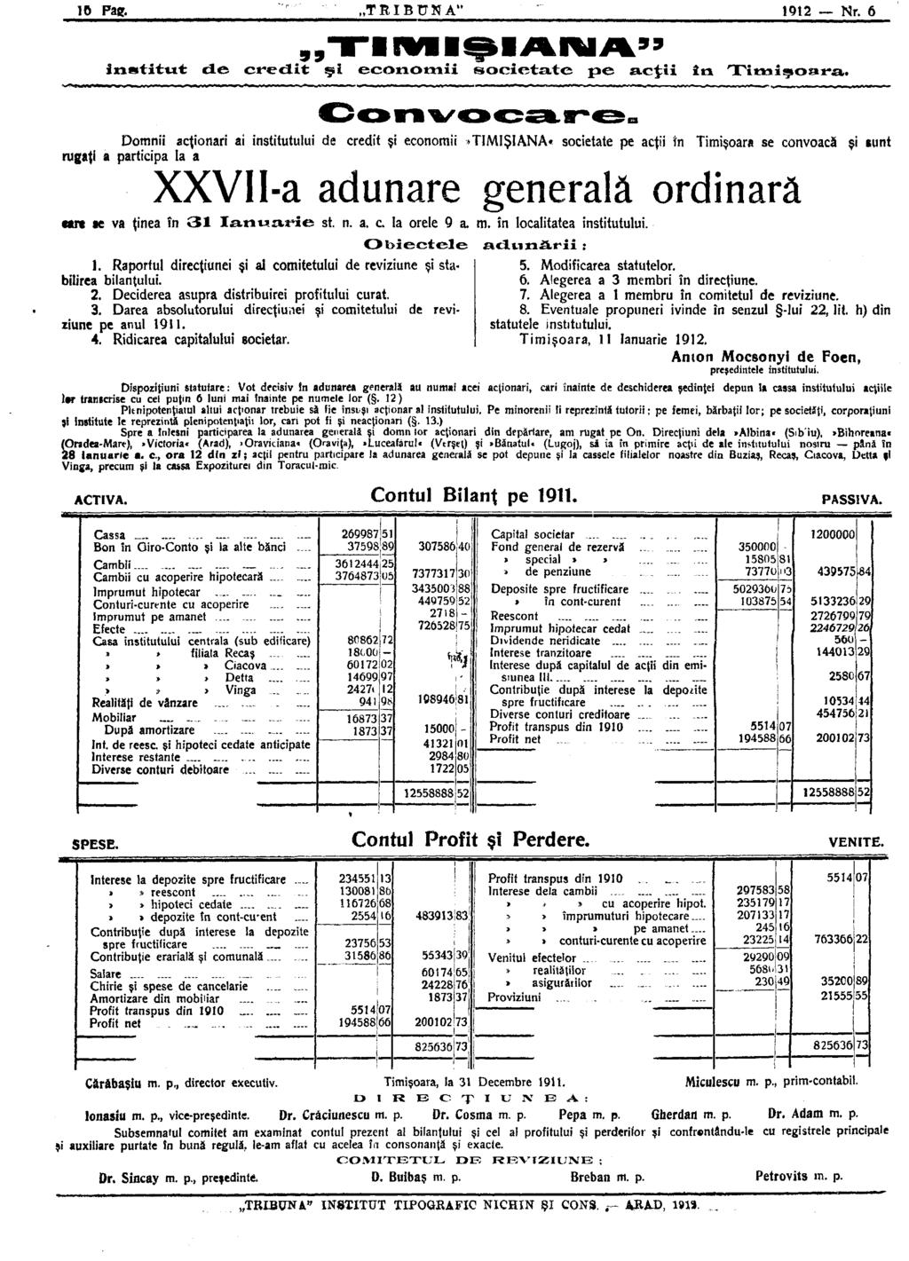 lö Pa. TRIBUNA 1912 Nr. 6 institut d e 99 credit 99 e c o n o m i i societate p e acţii în Timişoara.