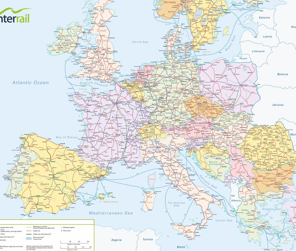 Jelmagyarázat csak nagysebességű vonatok vasútvonalak, amelyeken az Interrail ek nem érvényesek vasútállomás fővonalak (hagyományos és