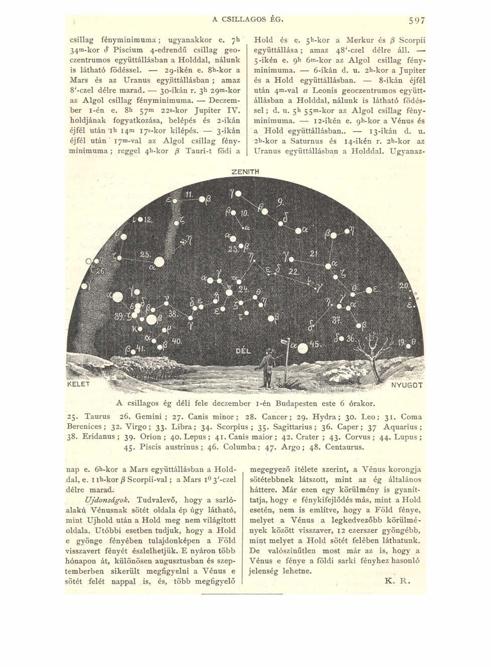 A CSILLAGOS ÉG. 597 csillag fényminimuma; ugyanakkor e. 7b 34111-kor c)' Piscium 4-edrendű csillag geoczentrumos együttállásban a Holddal, nálunk is látható födéssel. 29-ikén e.
