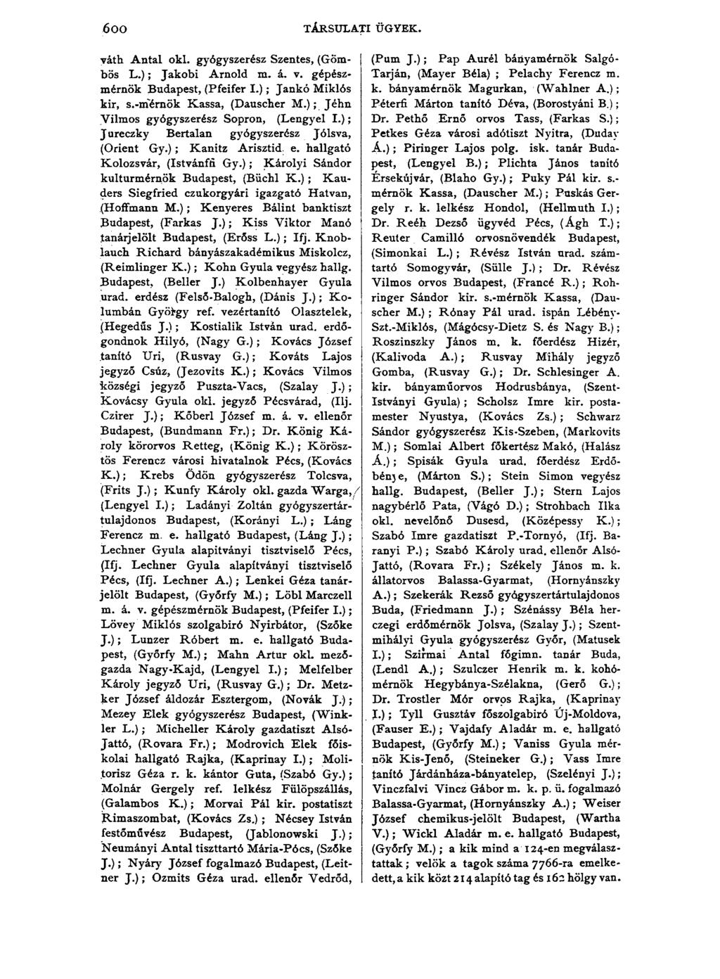 6oo TÁRSULATI ÜGYEK. váth Antal oki. gyógyszerész Szentes, (Gömbös L.); Jakobi Arnold m. á. v. gépészmérnök Budapest, (Pfeifer I.); Jankó Miklós kir, s.-níémök Kassa, (Dauscher M.