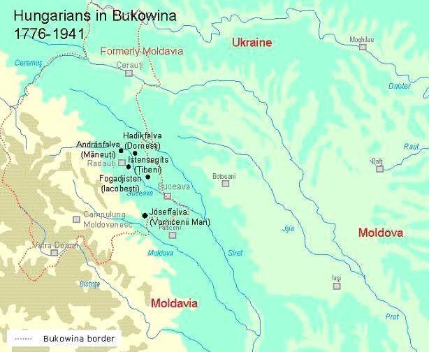 Slika 3. Mapa pet novoosnovanih sela u Bukovini sa rumunskim nazivima: Măneuţi (mať. Andrásfalva), Dorneşti (mať. Hadikfalva), Ţibeni (mať. Istensegíts), Iacobeşti (mať.