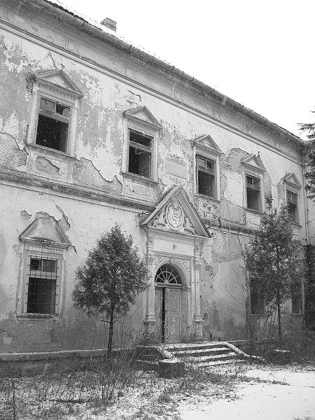 În stânga, grupul de conifere al rondoului ce încheie aleea de acces.