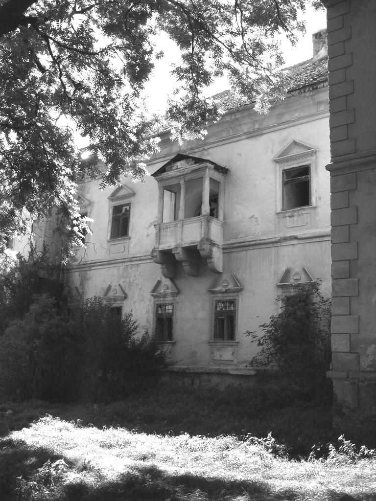 Peluza estică, populată cu arbori foioşi răsfiraţi în prim plan, şi faţada