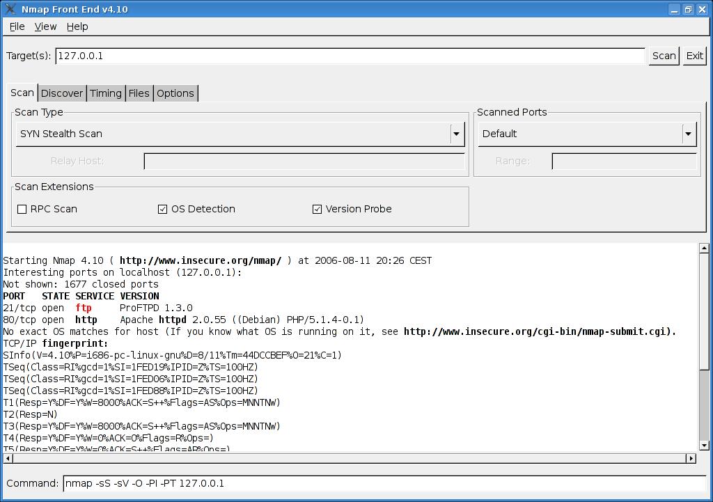 11. ábra: Nmap Frontend A State oszlopban lévő open állapot azt jelzi, hogy szerverünk az adott porton kiszolgálja a portra érkező kéréseket, ezen felül a színekből látszik, hogy melyik protokollokat