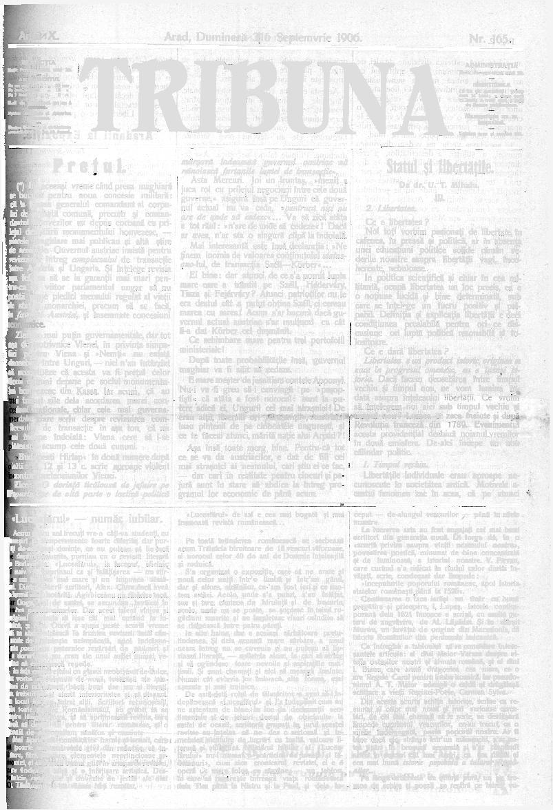 Anul X. Arad, Duminecă 3jl6 Septemvrie 1906. Nr. 165, REDACŢIA Deák Ferencz-utcza nrul 20. ABONAMENTUL Pe un an 20 cor. Pe jumătate an.. 10 «H 1 luni 2 c N-rii de Dumineci pe an 4 coroane.
