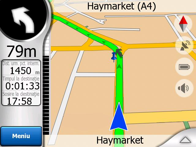Notă: Dacă poziţia dumneavoastră GPS este disponibilă şi funcţia Blocare pe poziţie (Pagina 32) este activă, modul de amplasare pentru Cursor este poziţia GPS actuală, săgeata albastru.