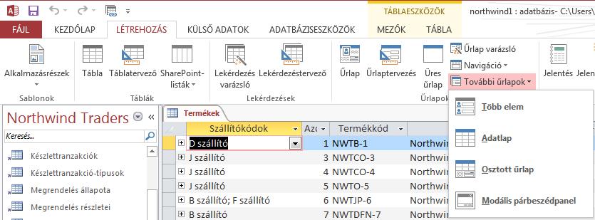 illetve minták segítségével. 4. ábra. Űrlapok létrehozásának eszközei a szalagon A Létrehozás szalagfül Űrlapok csoportjában a 4.