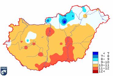 3.14. ábra:magyarország középhőmérséklete ( C) 2006-ban A hőmérsékleti küszöbnapok száma 2006-ban nagyjából a sokévi átlagnak megfelelően alakult: a meleg küszöbnapok száma némileg meghaladta a