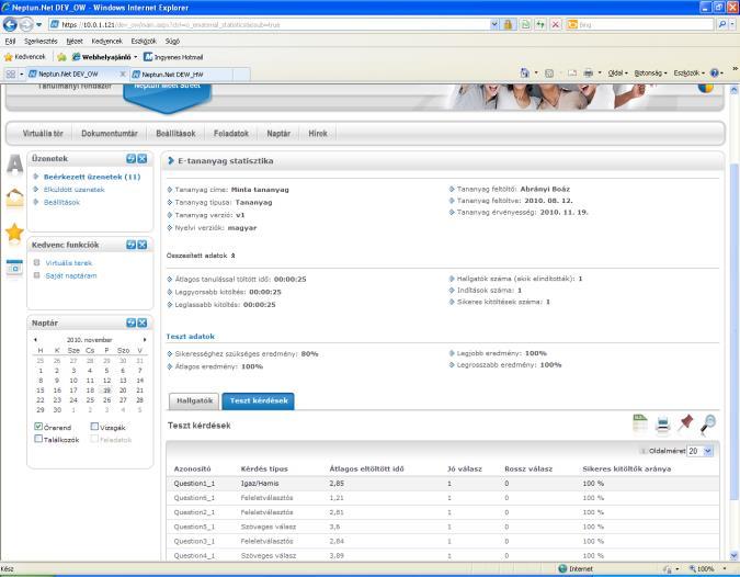E-tananyag teszt kérdésekre vonatkozó statisztika FIGYELEM!