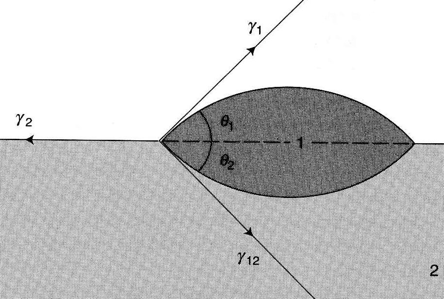 Kontakt szög: szétterülés(l/l), nedvesedés(l/s) egyensúlyban G L 1 L 2 γ = γ cosθ + γ cosθ 2 12 2 1 1 γ = γ cosθ + γ cosθ GL L L 2 GL 1 2 1 2 1 γ = γ + γ cosθ GS LS GL