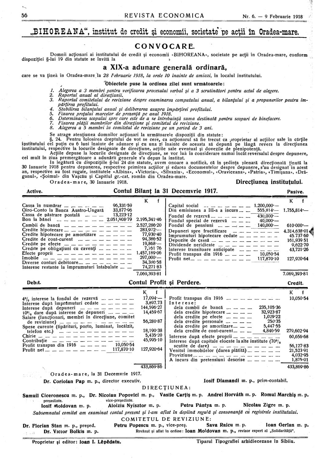 BIHOREANA", institut de credit şi economii, societate pe acţii în Oradea-mare.