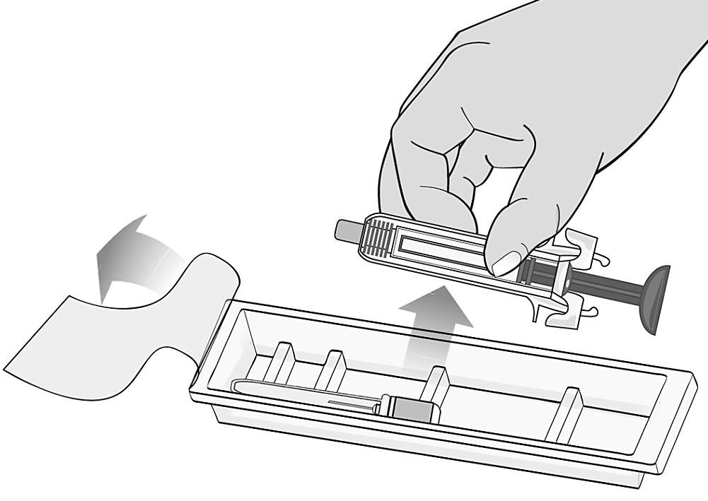 Pasul 3: Despachetaţi şi inspectaţi vizual seringa preumplută Îndepărtaţi folia de protecţie de pe cutia din plastic şi scoateţi acul şi seringa, ţinând seringa de partea din mijloc a