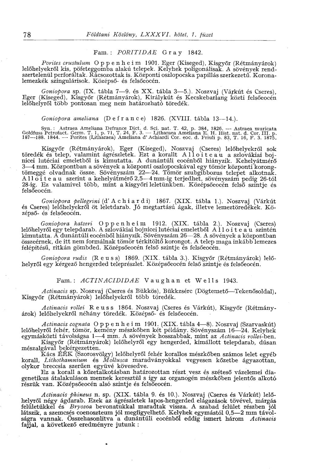 78 Földtani Közlöny, LXXXVI. kötet, 7. füzet Fam.: PORITIDAE Gray 1842. Porites cfustulum Oppenheim 1901. Eger (Kiseged), Kisgyőr (Rétmányárok) lelőhelyekről kis, pöfeteggomba alakú telepek.