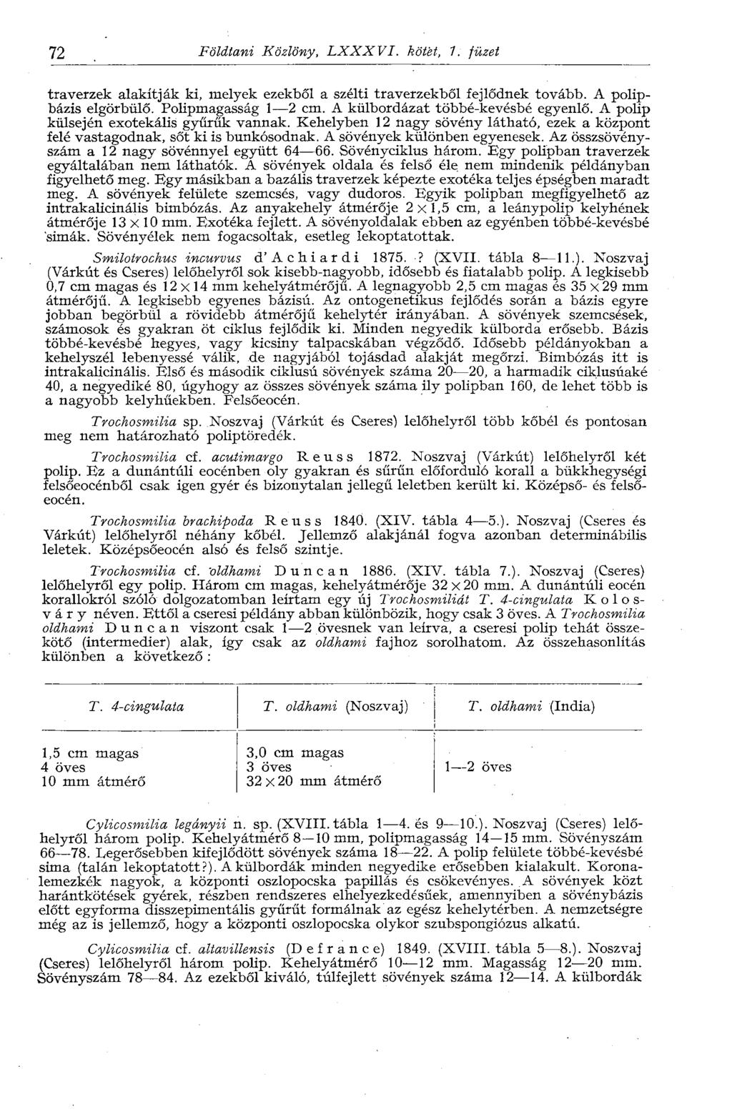 72 Földtani Közlöny, LXXXVI. kötet, 1. füzet traverzek alakítják ki, melyek ezekből a szélti traverzekből fejlődnek tovább. A polipbázis elgörbülő. Polipmagasság 1 2 cm.