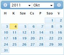 Ezen mezők mellett található egy ikon, erre kattintva a megjelenő naptár (lásd minta) segítségével egyszerűen megadhatjuk a szükséges dátumot.