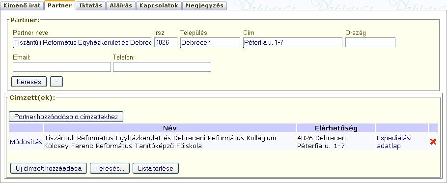 Partner fül Kimenő iktatásnál az Új kimenő irat fül mezőinek kitöltése után a következő, Partner fülre kell továbblépni.