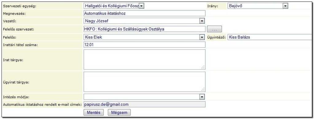 Sablonok szerkesztése A rendszerben összeállítható iktatási sablonok egyrészt az automatikus e-mail iktatáshoz szükségesek, másrészt az ügykezelők iktatási feladatait gyorsítják azzal, hogy