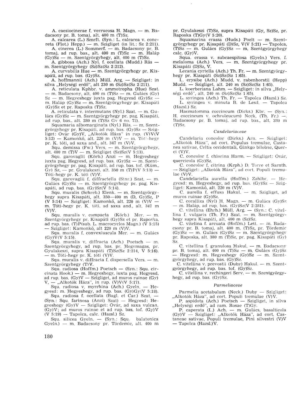 A. caesiocinerae f. verrucosa H. Magn. m. Badacsony pr. В. tomaj, alt. 400 m (T)Sz. A. calcarea (L.) Smrft. (Syn. : L. calcarea v. concreta (Flot.) Hepp.) m. Szigliget (in lit.: Sz 2:211). A. cinerea (L.