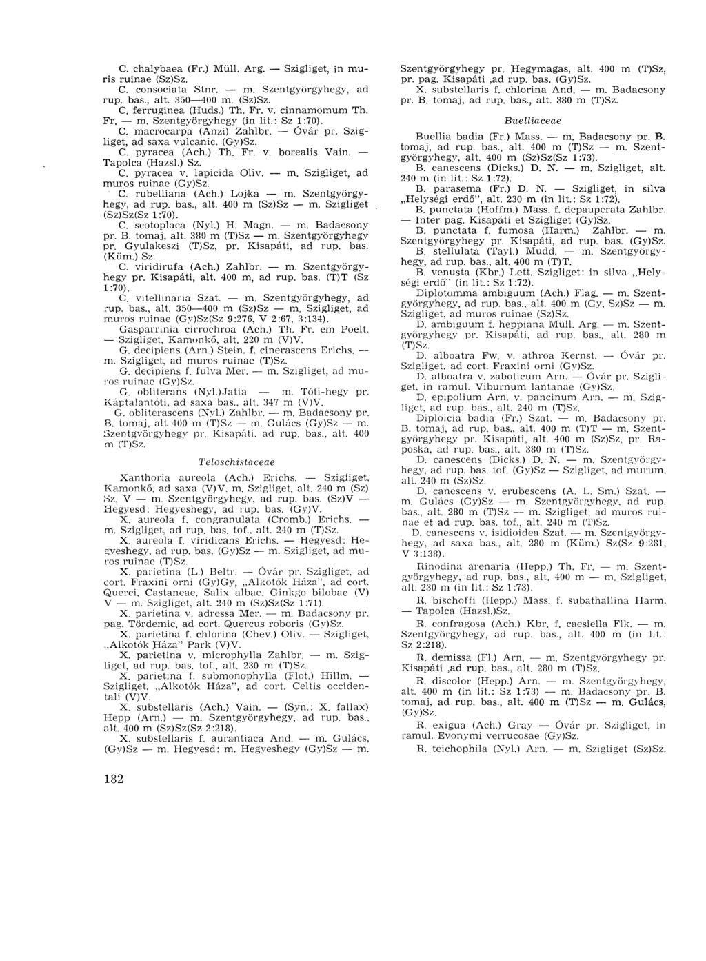 С. chalybaea (Fr.) Müll. Arg. Szigliget, in muris ruinae (Sz)Sz. C. consociata Stnr. im. Szentgyörgyhegy, ad rup. bas., alt. 350 400 m. (Sz)Sz. C. ferruginea (Huds.) Th. Fr. v. cinnamomum Th. Fr. m. Szentgyörgyhegy (in lit.