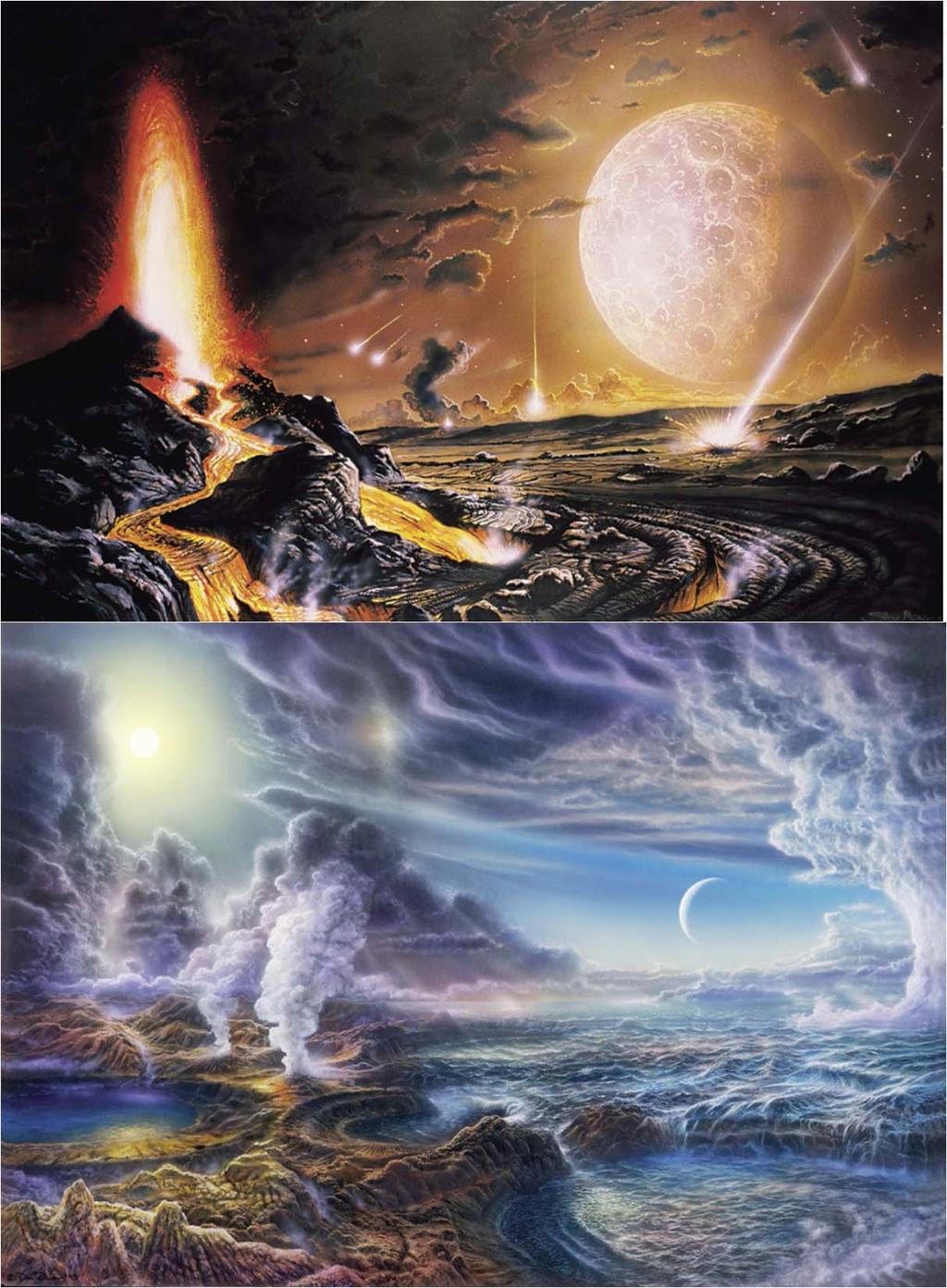 This figure combines two views of the Hadean landscape: the first is one of those wonderful artist s impressions of fiery volcanoes, frequent meteorite impacts and a looming