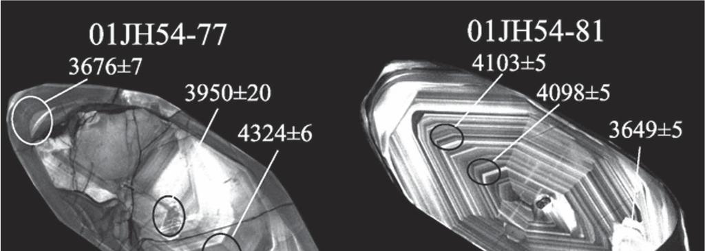 Cathode luminescence images of two Jack Hills zircons illustrating