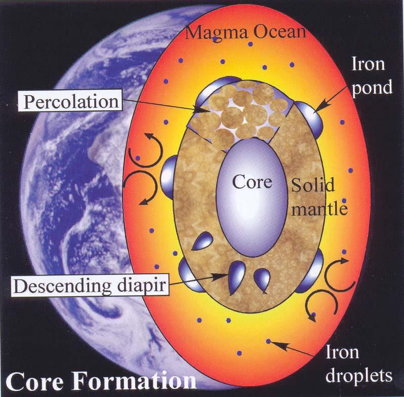 A Föld Föld belső belső szerkezete A mag kialakulása A mag kialakulása Fe-gazdag tócsák Fe-gazdag cseppek Mélyen áramló magma óceánban a folyékony Fe-gazdag fém cseppek elkülönülnek a folyékony