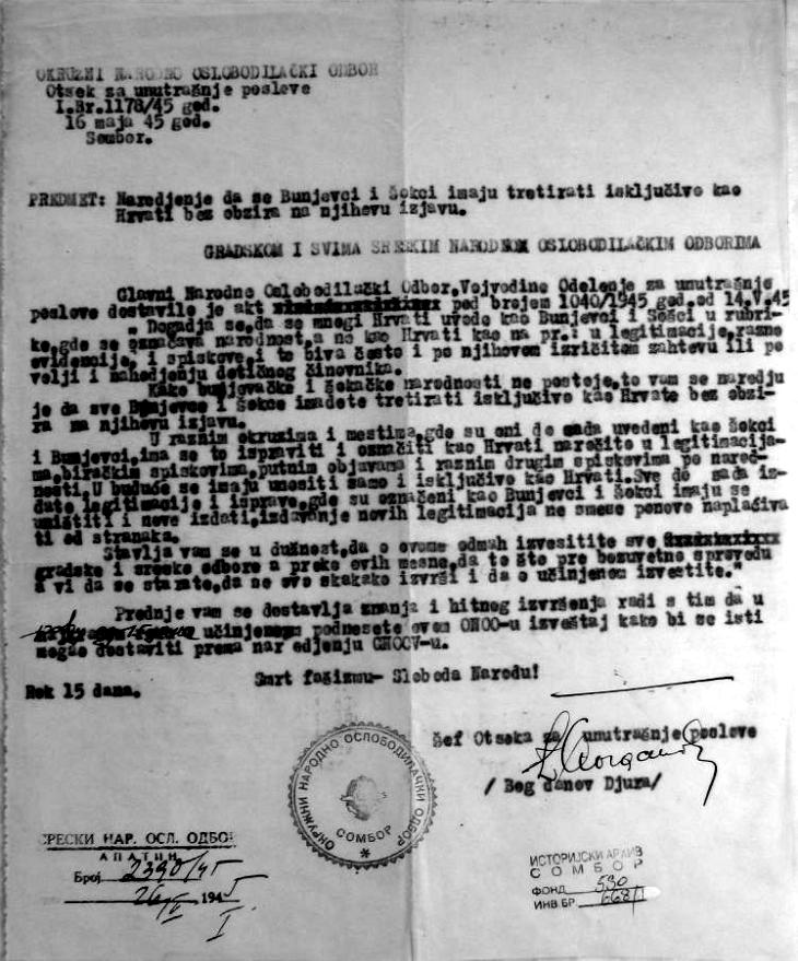 Zbornik za kulturu i društvena pitanja Bunjevaca Faksimil originalnog naređenja Okružnog Narodnooslobodilačkog odbora za