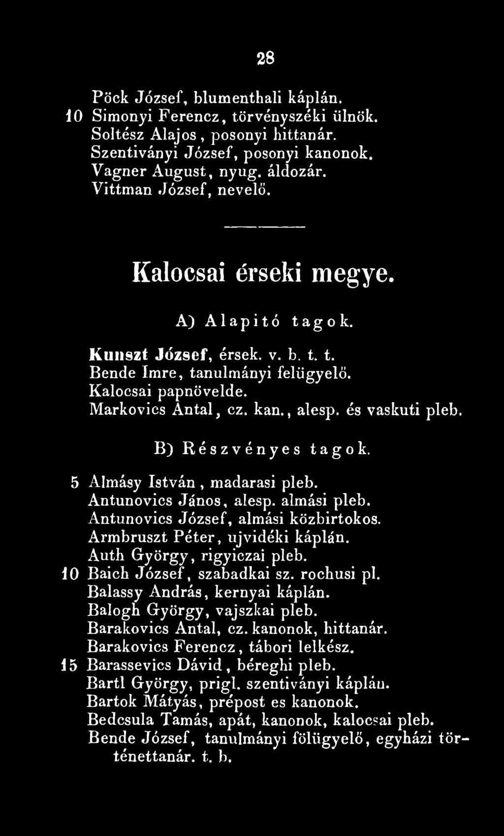 B ) Részvényes tagok. 5 Almásy István, madarasi pleb. Antunovics János, alesp. almási pleb. Antunovics József, almási közbirtokos. Armbruszt Péter, újvidéki káplán. Auth György, rigyiezai pleb.