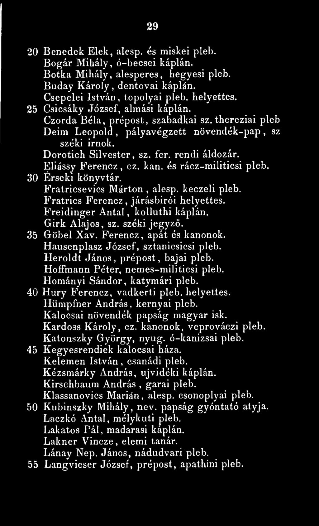 Eliássy Ferencz, ez. kan. és rácz-militicsi pleb. 30 Érseki könyvtár. Fratricsevics Márton, alesp. keczeli pleb. Fratrics Ferencz, járásbirói helyettes. Freidinger Antal, kolluthi káplán.