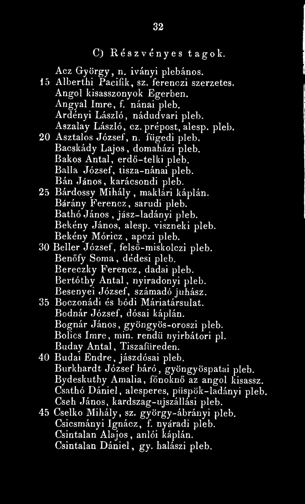 25 Bárdossy Mihály, makiári káplán. Bárány Ferencz, sarudi pleb. Bathó János, jász-ladányi pleb. Bekény János, alesp. viszneki pleb. Bekény Móricz, apczi pleb. 30 Beller József, felső-miskolczi pleb.