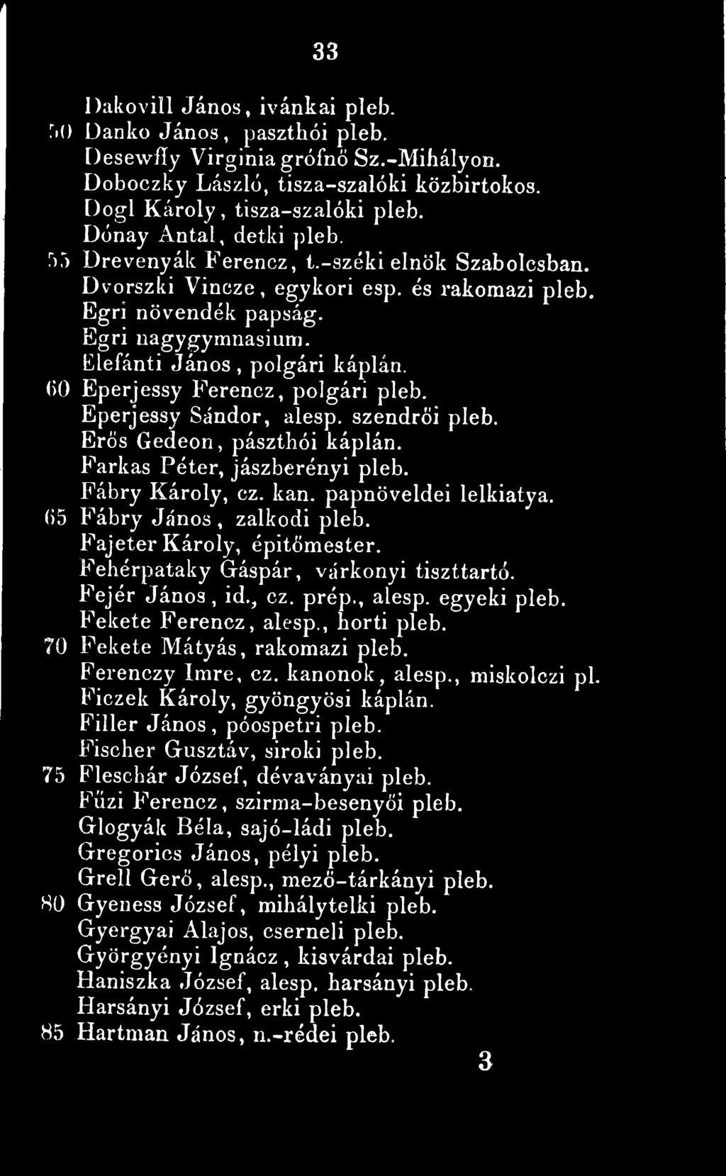 60 Eperjessy Ferencz, polgári pleb. Eperjessy Sándor, alesp. szendrői pleb. Erős Gedeon, pászthói káplán. Farkas Péter, jászberényi pleb. Fábry Károly, ez. kan. papnöveldéi lelkiatya.