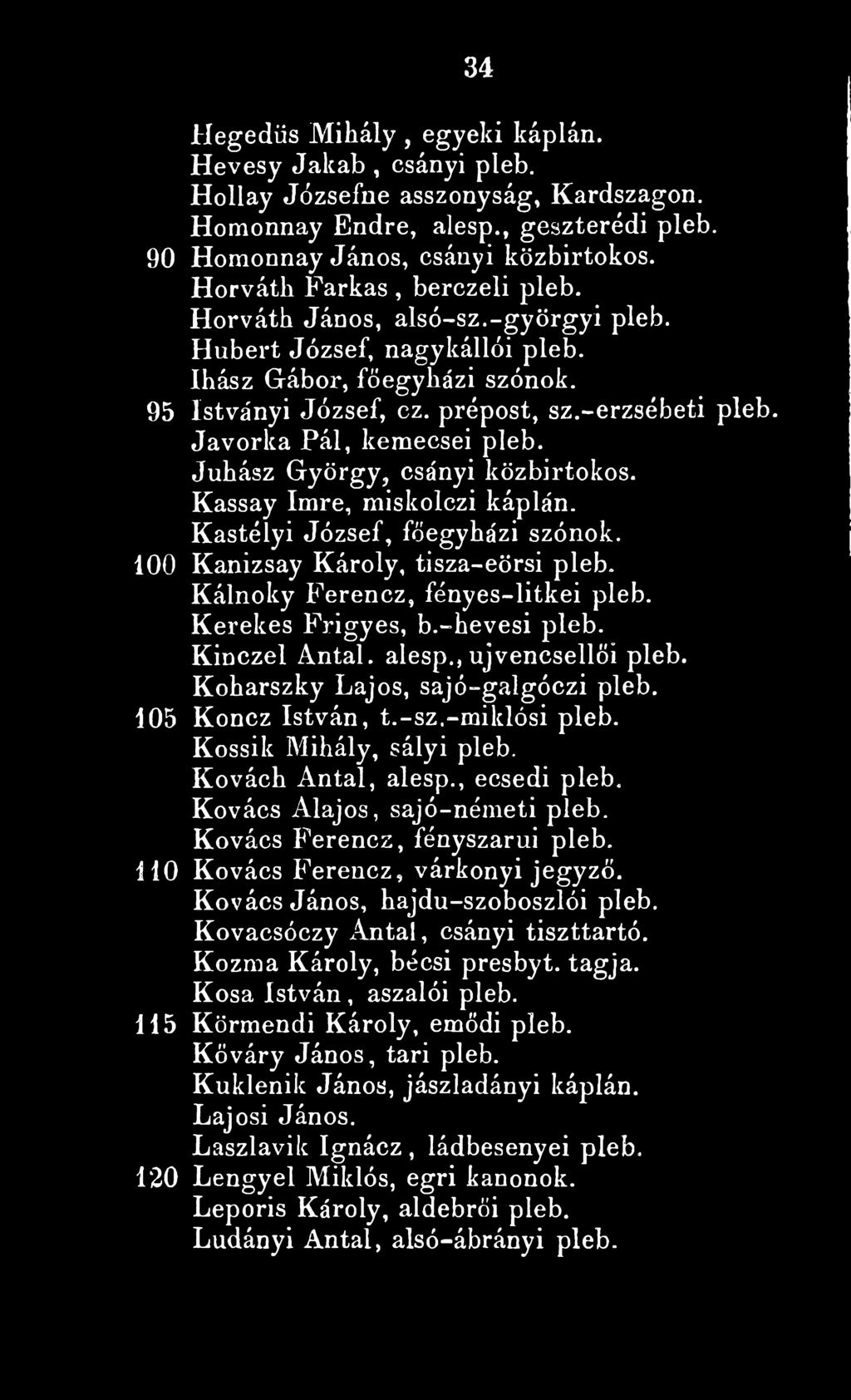 Javorka Pál, kemecsei pleb. Juhász György, csányi közbirtokos. Kassay Imre, miskolezi káplán. Kastélyi József, főegyházi szónok. 100 Kanizsay Károly, tisza-eörsi pleb.