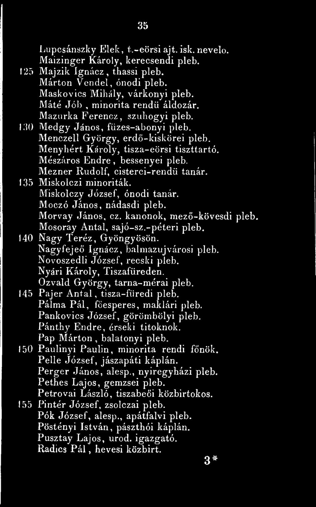 Mészáros Endre, bessenyei pleb. Mezner Rudolf, cisterci-rendü tanár. 135 Miskolczi minoriták. Miskolczy József, ónodi tanár. Moczó János, nádasdi pleb. Morvay János, ez. kanonok, mező-kövesdi pleb.