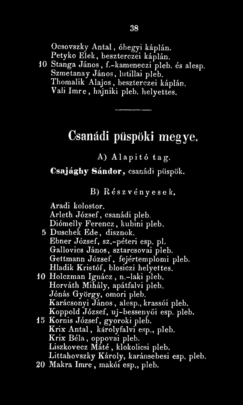Diómelly Ferencz, kubini pleb. 5 Duschek Ede, disznók. Ebner József, sz.-péteri esp. pl. Gallovies János, sztarcsovai pleb. Gettmann József, fejértemplomi pleb. Hladik Kristóf, blosiczi helyettes.
