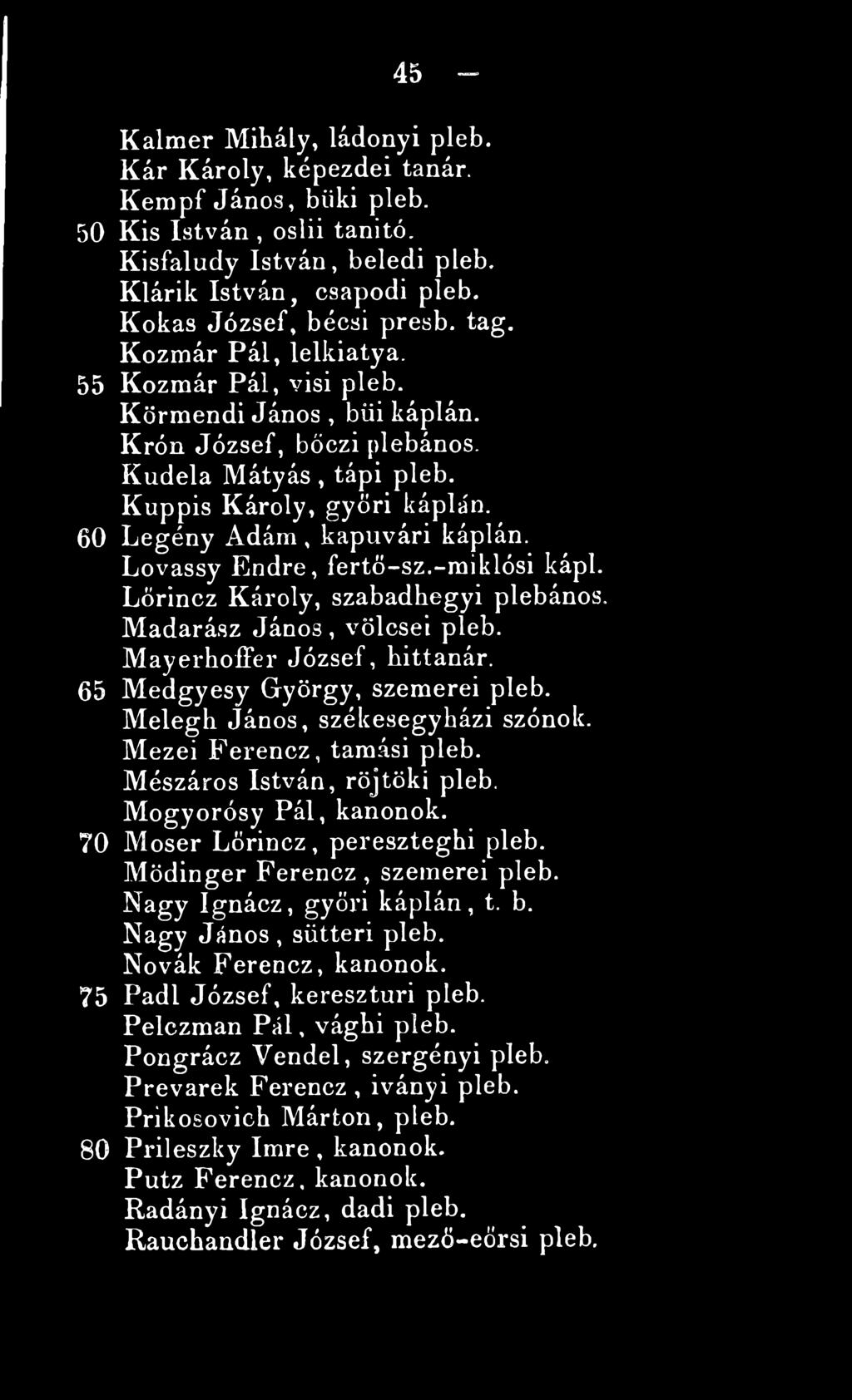 60 Legény Adám, kapuvári káplán. Lovassy Endre, fertő-sz.-miklósi kápl. Lőrincz Károly, szabadhegyi plébános. Madarász Jáno3, vőlcsei pleb. Mayerhoffer József, hittanár.