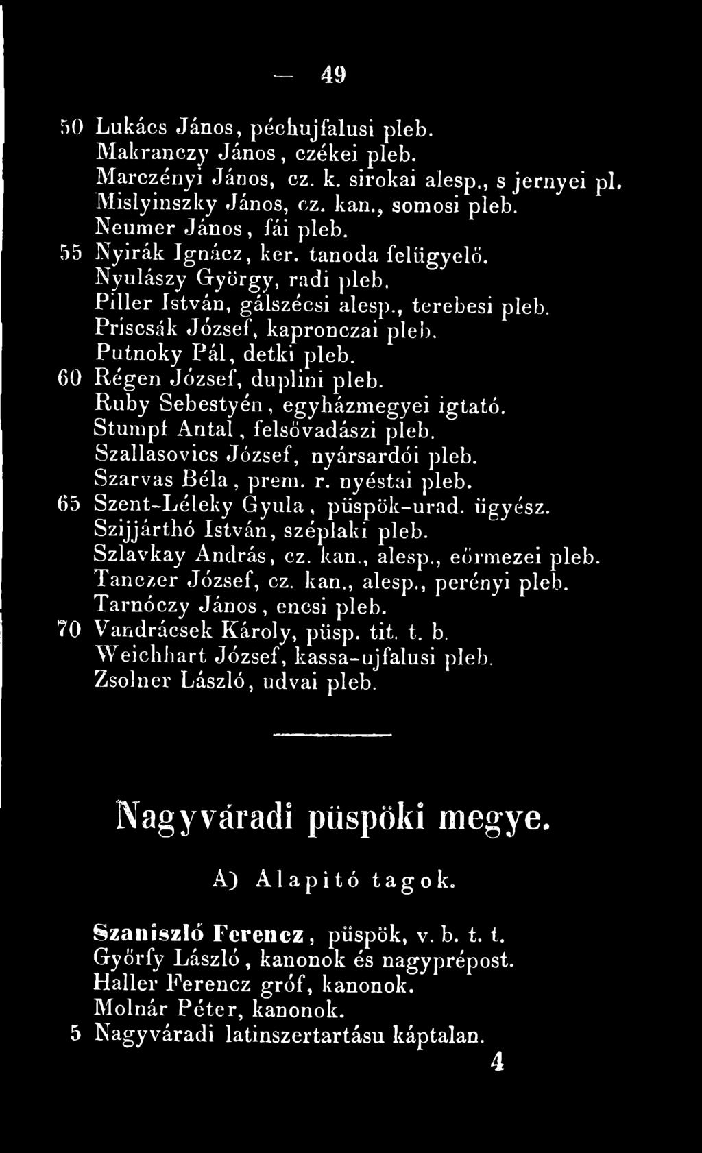 60 Régen József, dupliní pleb. Ruby Sebestyén, egyházmegyei igtató. Stumpl A ntal, felsövadászi pleb. Szallasovics József, nyársardói pleb. Szarvas Béla, prem. r. nyéstai pleb.