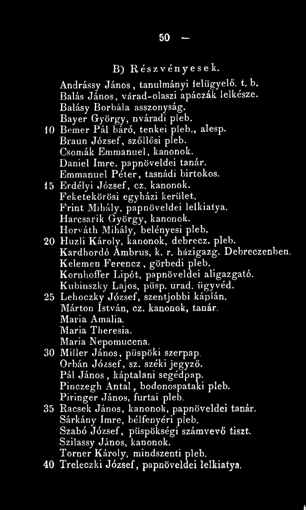 Erdélyi József, ez. kanonok. Feketekörösi egyházi kerület. Frint Mihály, papnöveldéi lelkiatya. Harcsarik György, kanonok. Horváth Mihály, belényesi pleb. Huzli Károly, kanonok, debrecz. pleb. Kardhordó Ambrus, k.