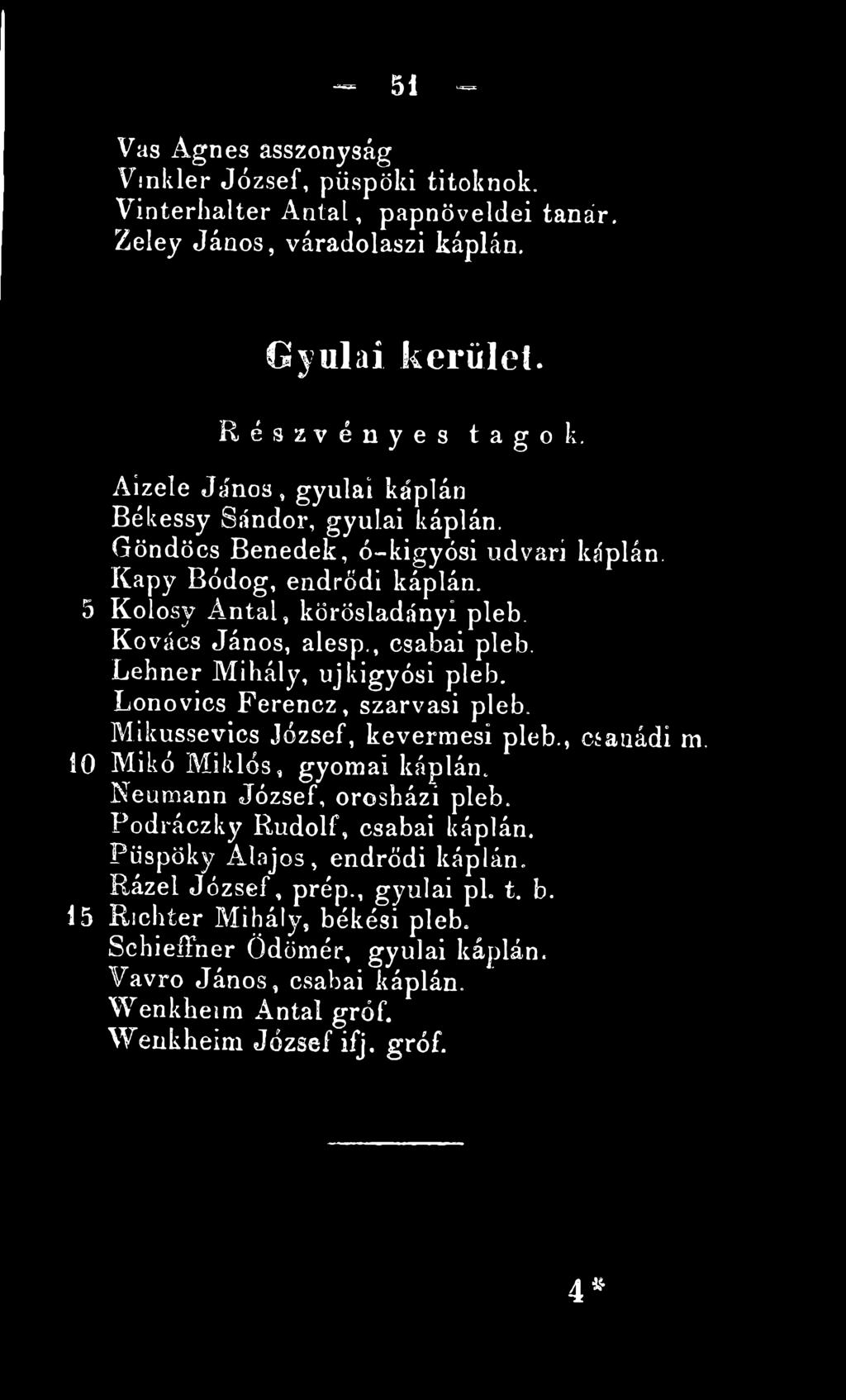 Lehner Mihály, ujkigyósi pleb. Lonovics Ferencz, szarvasi pleb. Mikussevios József, kevermesi pleb., Csanádi m, 10 Mikó Miklós, gyomai káplán. Neumann József, orosházi pleb.