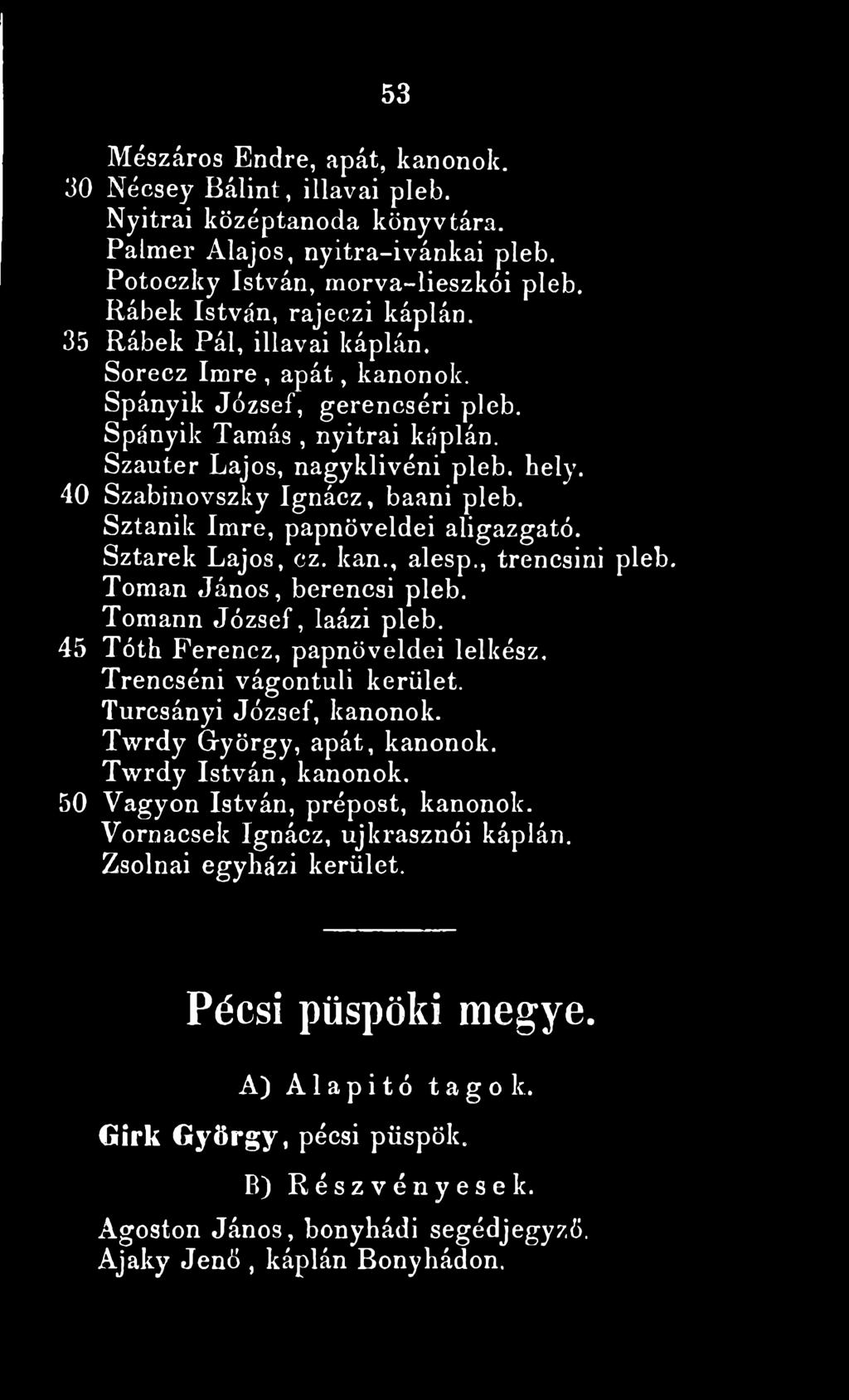 Sztanik Imre, papnöveldéi aligazgató. Sztarek Lajos, ez. kan., alesp., trencsini pleb. Tornán János, berencsi pleb. Tomann József, laázi pleb. 45 Tóth Ferencz, papnöveldéi lelkész.